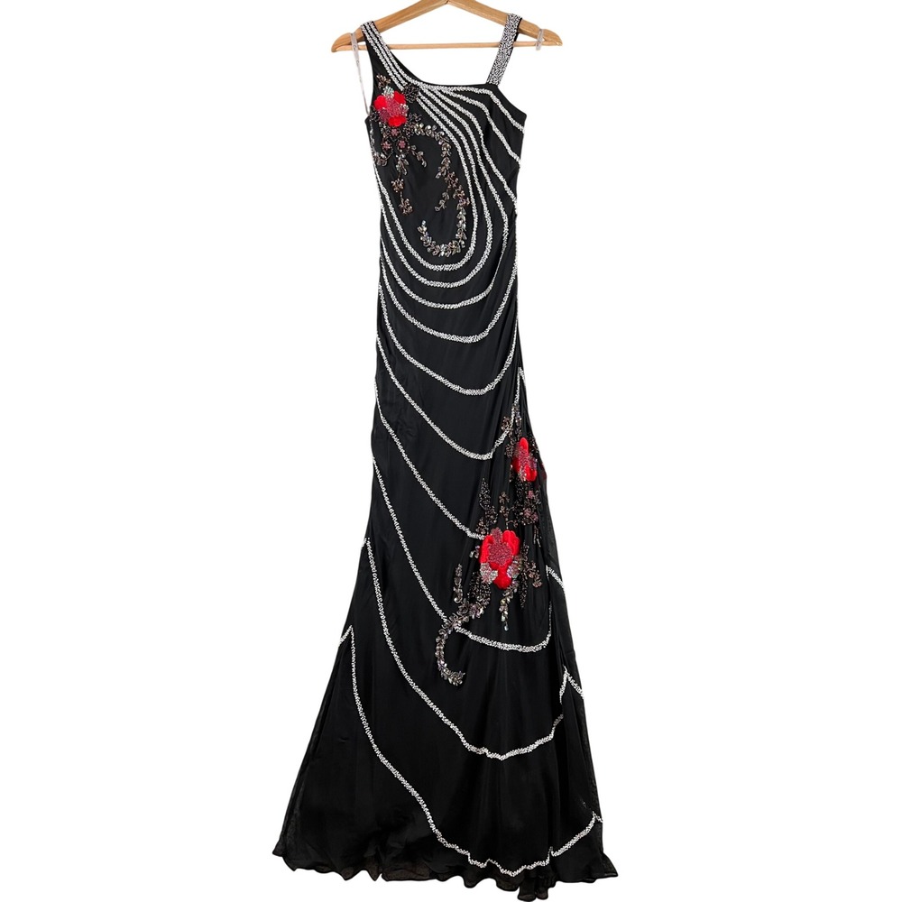 Cicci Black Beaded Silk Floral One Shoulder Formal Evening Gown Maxi Dress S